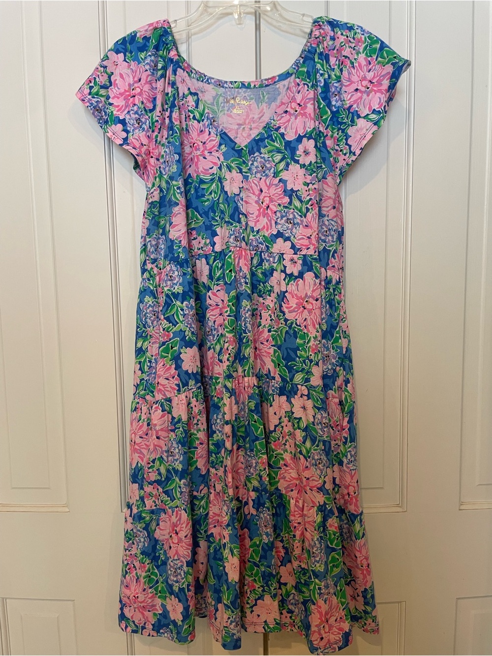 Women’s Blue Floral Tiered Dress with Pink Blooms